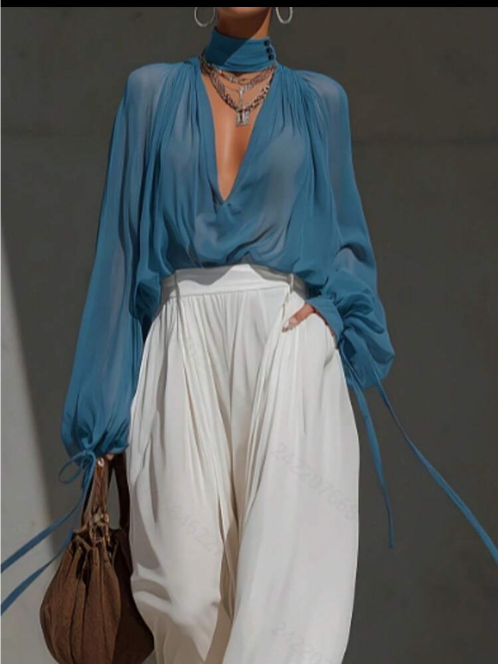 Semi-Sheer Deep V-Neck Chiffon Blouse - Teal Blue